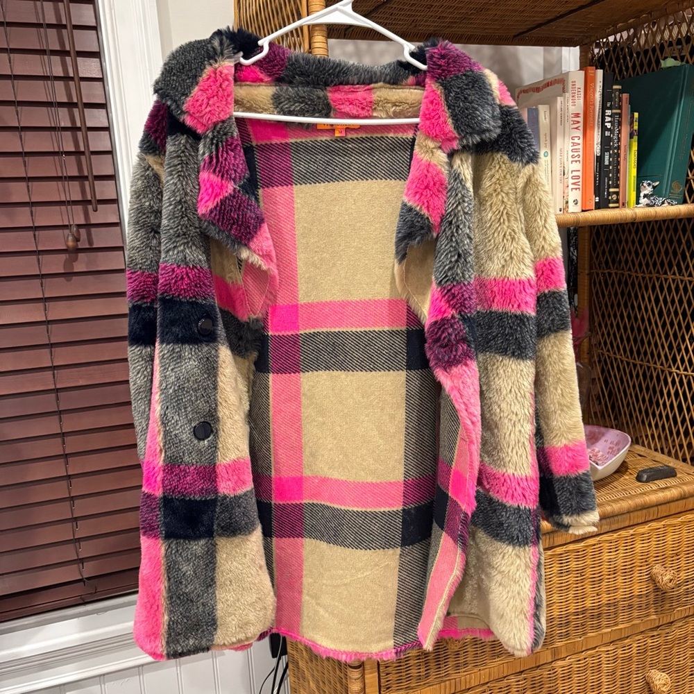 Anthropologie vilagallo Plaid Faux Fur Coat with Pink and Black Accents
